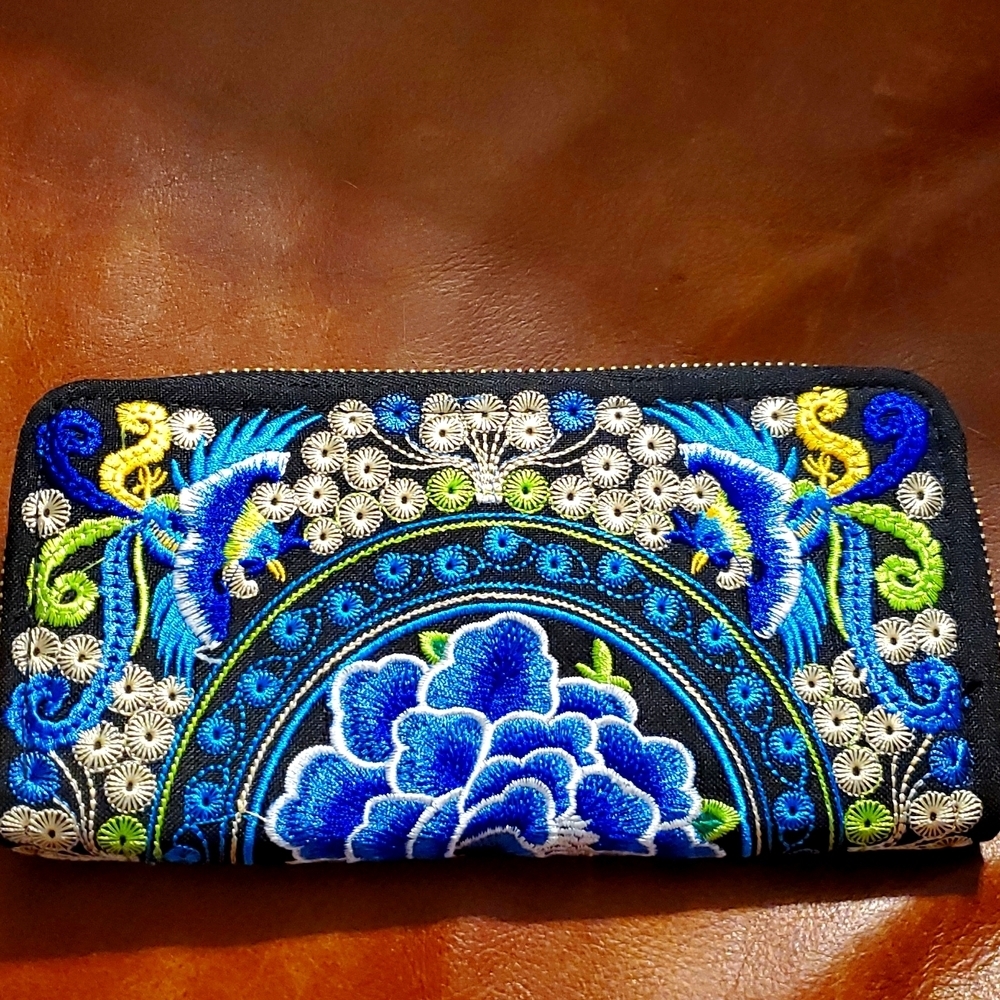 Peacock Thailand Boho Embroired Walletl - Blue Zip Up Wallet